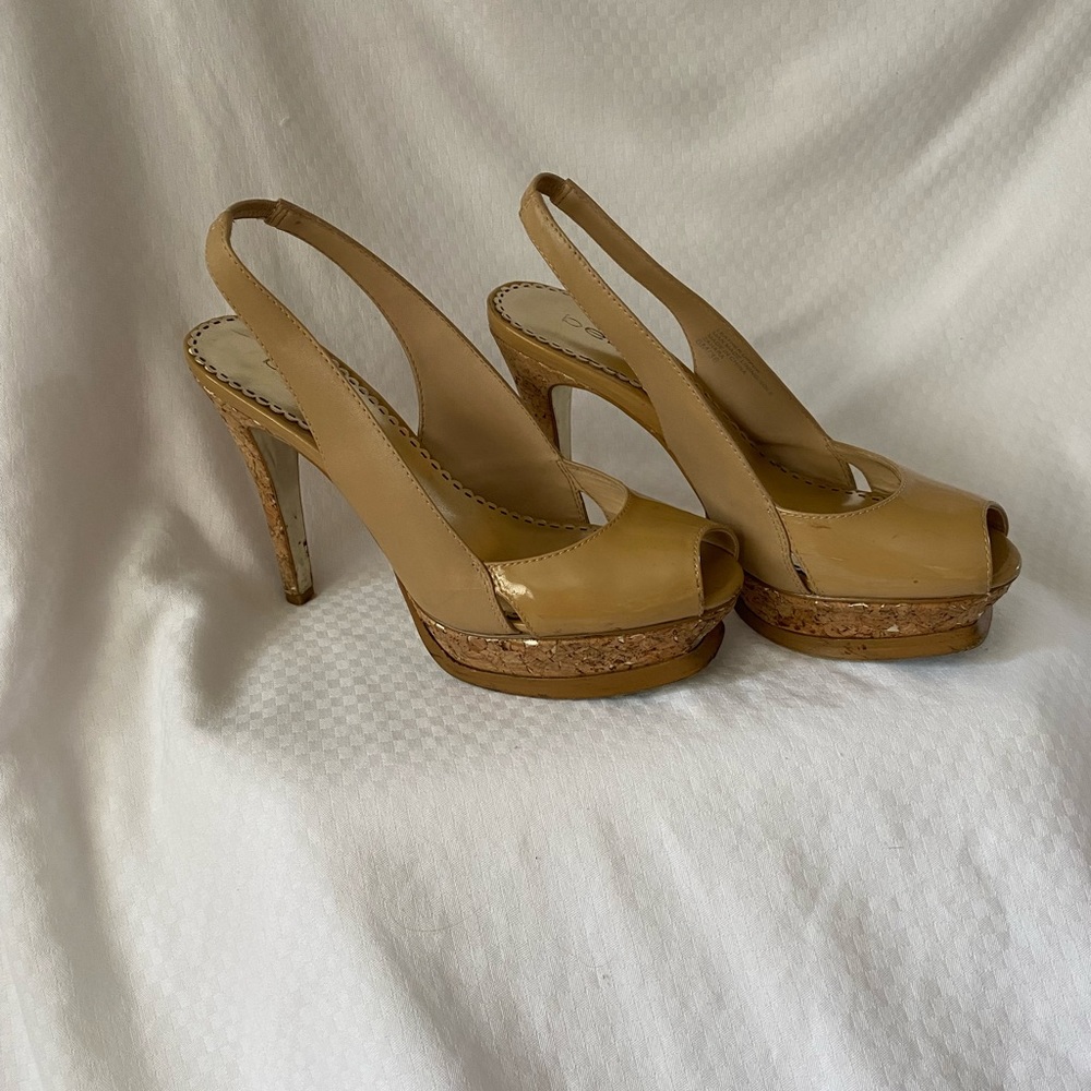 Bebe beige patent leather sandals size leather upper cork heel